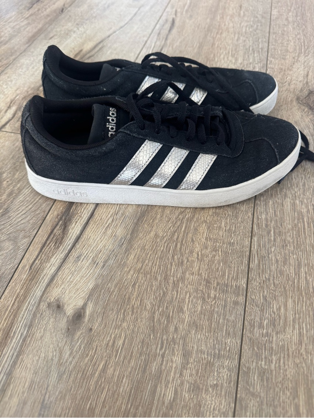 Women’s Adidas Black Suede Sneakers with Silver Three Stripes